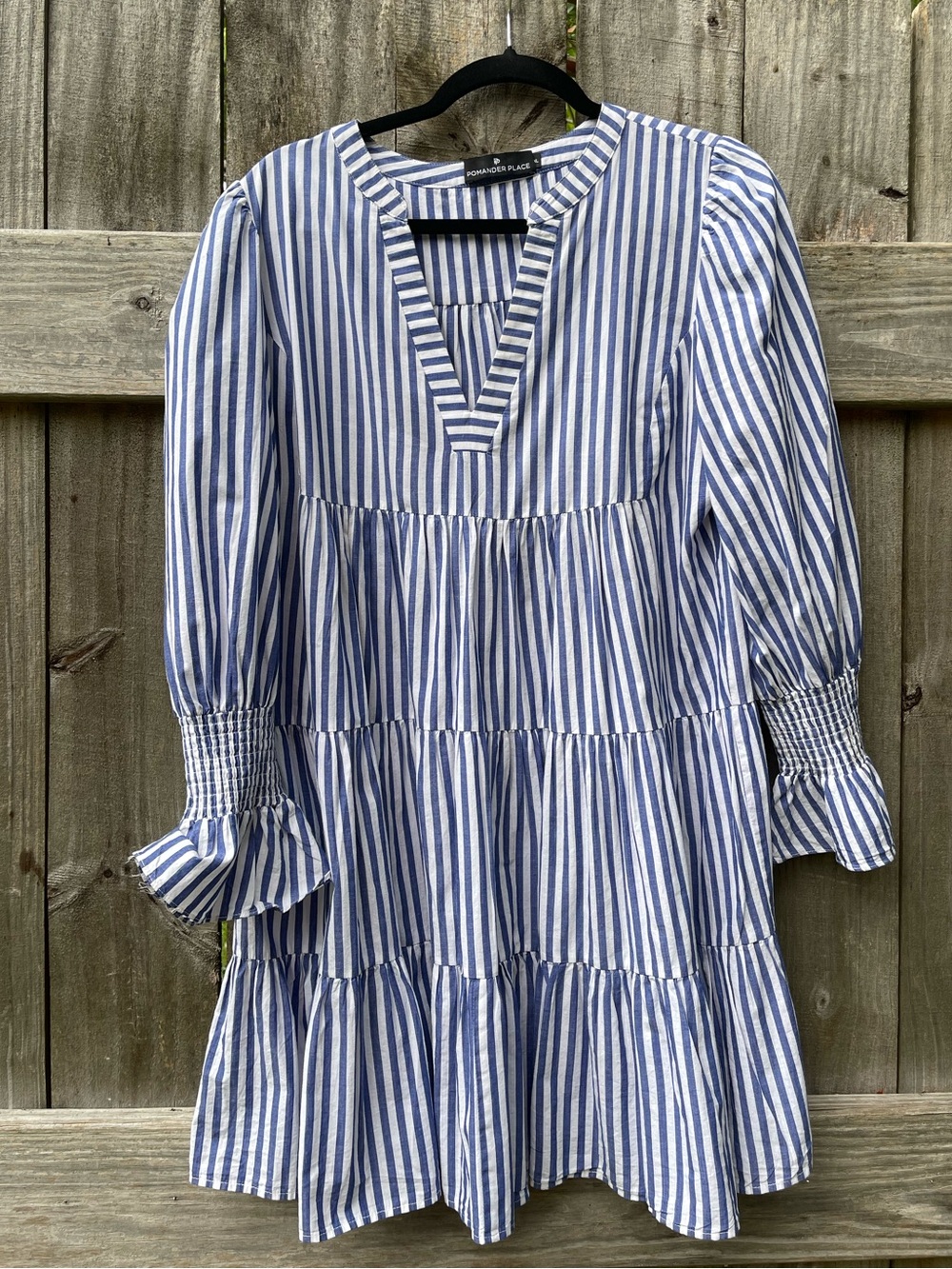 Pomander Place Navy and White Striped Tiered Long Sleeve Dress